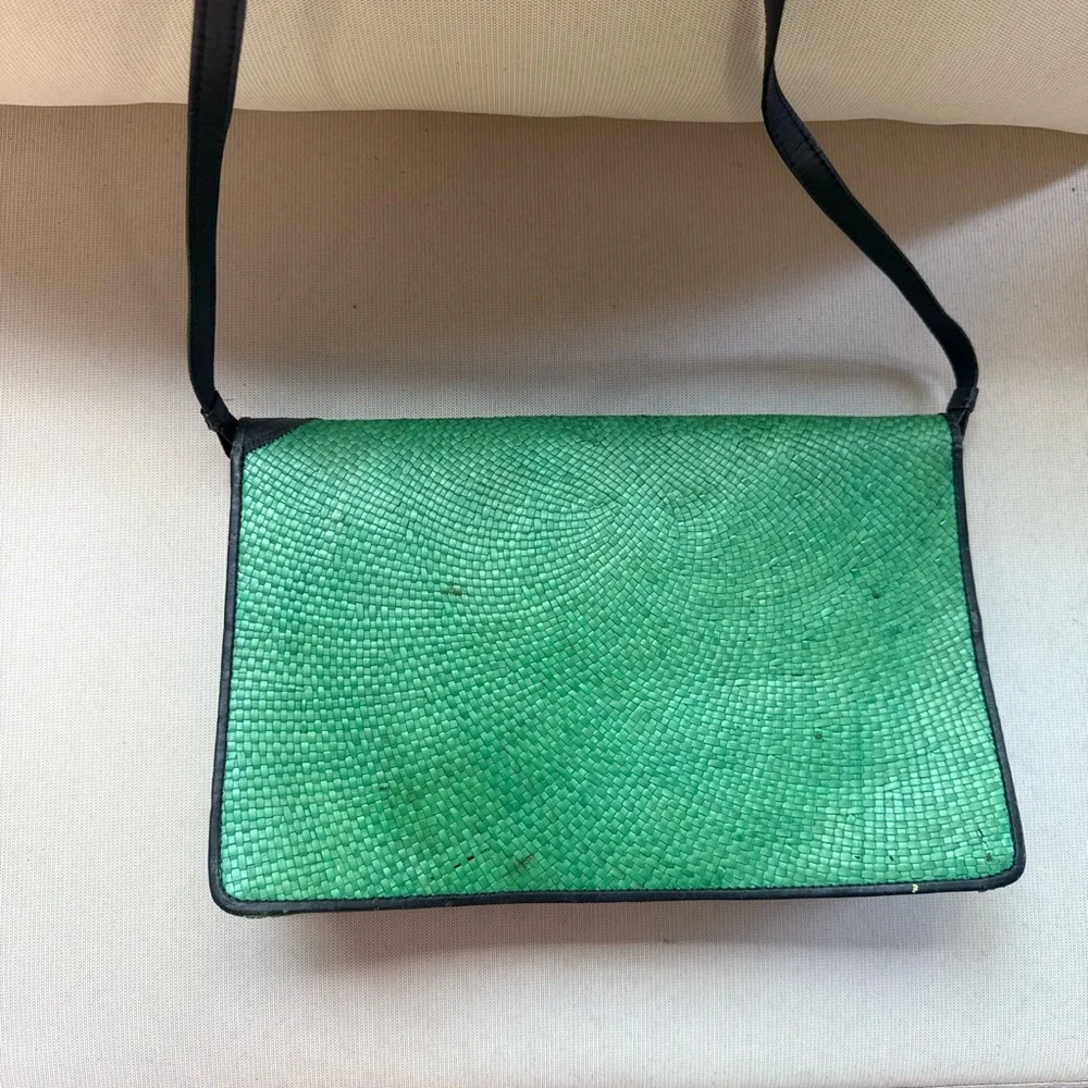 Vintage Green rattan Crossbody Bag with Black Accents